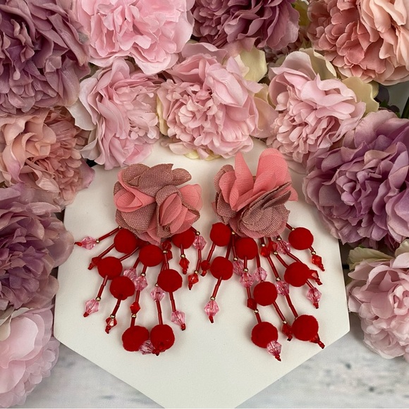 Boho Pink Rose Long Dangling Pom Pom Tassel Earrings - Picture 5 of 16